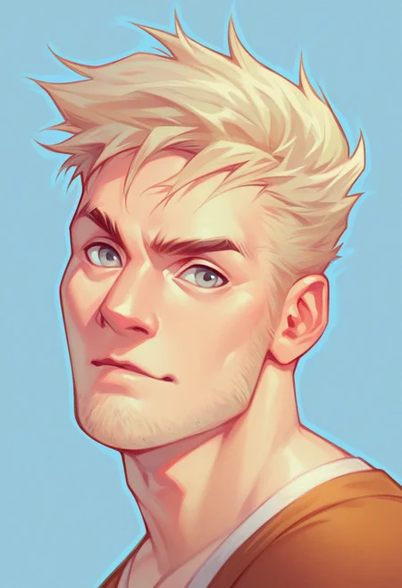 score_9, score_8_up, score_7_up, eng-mddltn, portrait, 1man, male, blonde hair, short hair, high fade, grey eyes, stoic, fair skin, muscular, farm background, blue outline,