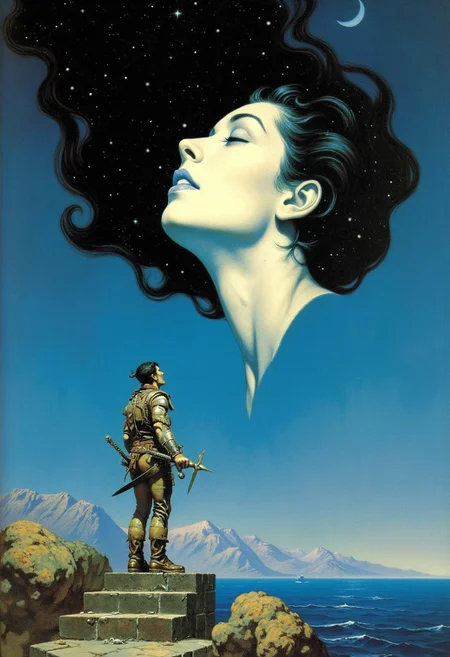Frank Frazetta surreal fantasy oil painting of a surreal and ethereal scene where a scene a man stands at the top of a staircase that leads into the night sky, gazing up at a massive floating disembodied head and face of a woman, her head is on its side looking at him. Her pale, serene expression dominates the sky, while her dark, flowing hair billows outward, merging with the starry night like tendrils of the cosmos. The man is dressed in ragged adventurers gear and armor, holding a sword, as if offering it to the ethereal figure.
The scene is otherworldly and dreamlike, with the vast ocean below and distant mountains barely visible on the horizon. The crescent moon and stars dot the deep blue sky, enhancing the sense of mystery and the fantastical nature of the encounter between the man and this enormous celestial woman. The image suggests a surreal connection between the two, as if the man is interacting with a goddess or a dream-like apparition in a moment suspended in time.