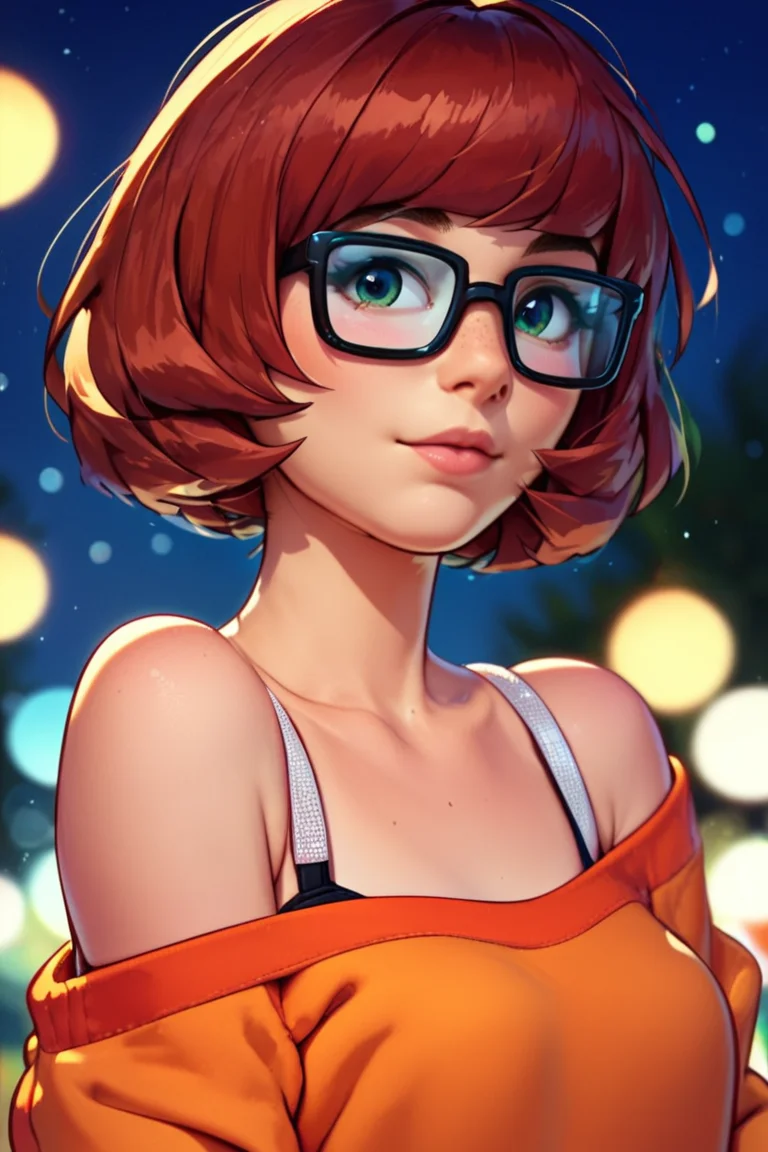upper body, score_9, score_8_up, score_7_up, score_6_up, score_5_up, score_4_up, source_anime, 1girl, velma, off shoulder, glasses, shinestrap, night, depth of field, bokeh
<lora:Shinestrap_Pony:1>, score_9, score_8_up, score_7_up, score_6_up,