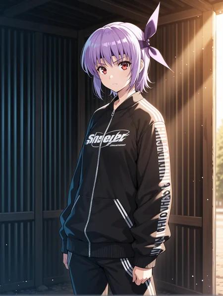 <lora:ayane-illustrious-000004:1> ayane, headband, streetwear, 1girl, solo, standing, shed, sunbeam, serious, light particles
masterpiece, best quality