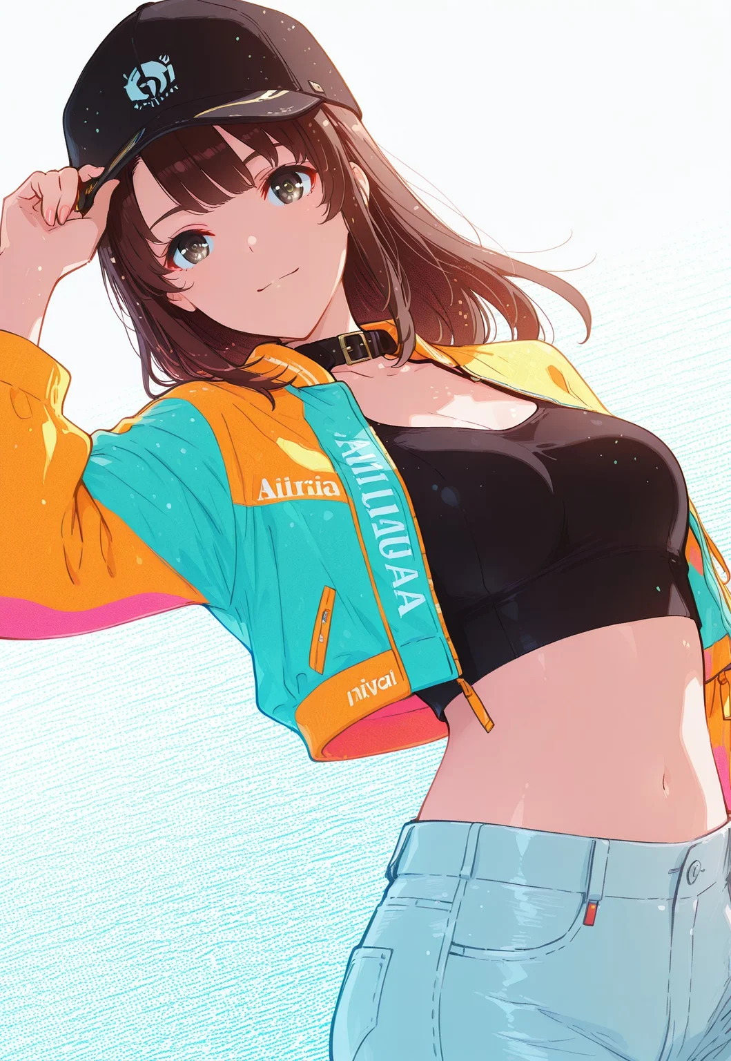 safe_pos, 1girl,m3gum1kat0,brown hair, bangs, pupils,brown eyes,medium breasts, long hair, collar, soft smile , upper body, crop top, cropped jacket, open jacket,mini-denim, hat, contrapposto, adjusting headwear, looking at viewer, colorful, screentones, dutch angle, dynamic angle, stylish pose, fashion pose, masterpiece, best quality, ultra-detailed, best illustration, ((detailed eyes))