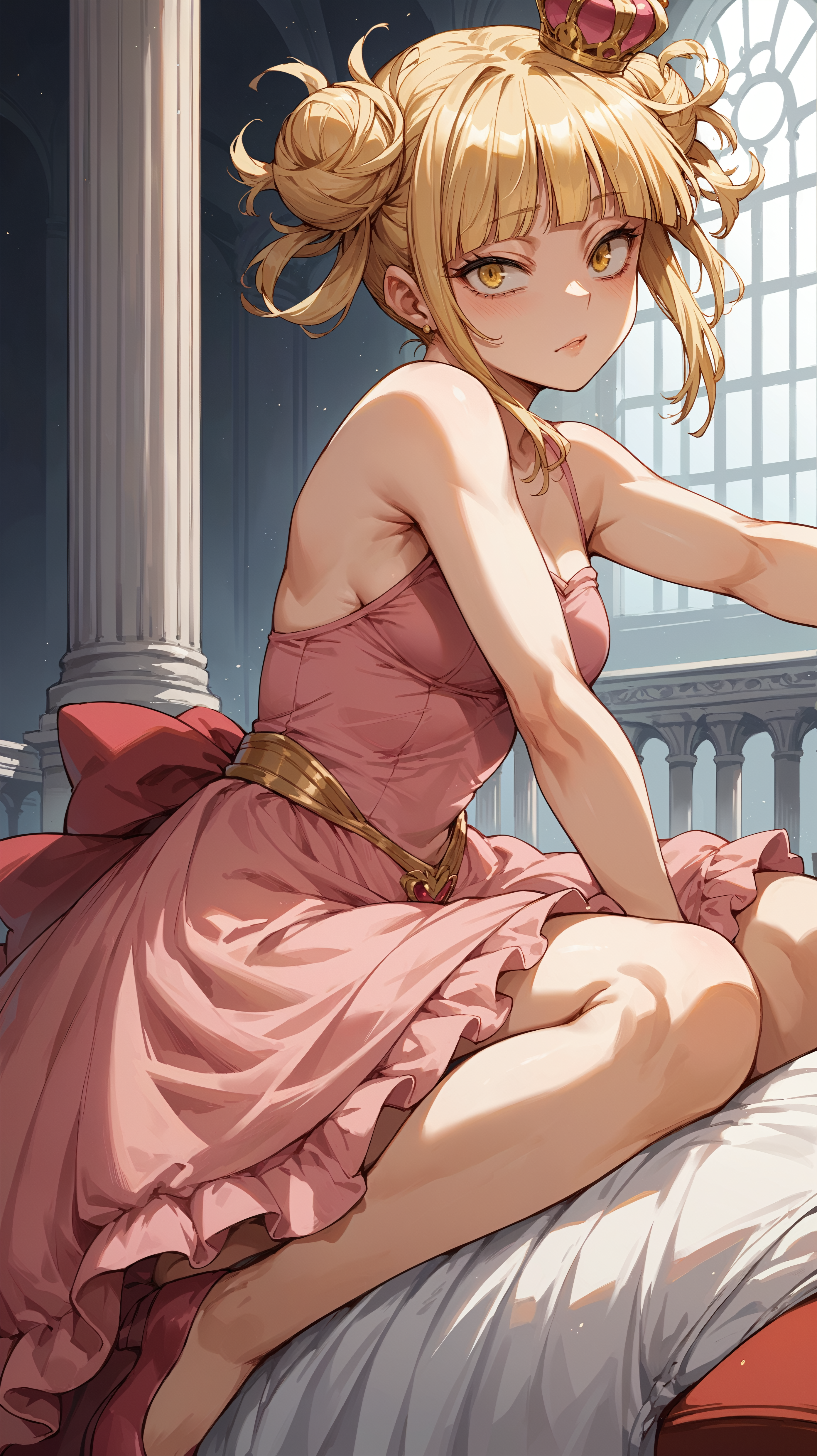 score_9,score_8_up,score_7_up,score_6_up, <lora:xl_more_art-full_v1:0.5>, source_anime, girl, dynamic pose, fetal position, <lora:Himiko Toga - Pony-000004:0.8>, blonde hair, blunt bangs, double bun, messy hair, yellow eyes, pink dress, royal dress, ballroom, mini crown, marble pillars,