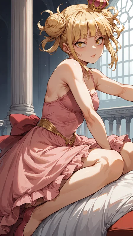 score_9,score_8_up,score_7_up,score_6_up, <lora:xl_more_art-full_v1:0.5>, source_anime, girl, dynamic pose, fetal position, <lora:Himiko Toga - Pony-000004:0.8>, blonde hair, blunt bangs, double bun, messy hair, yellow eyes, pink dress, royal dress, ballroom, mini crown, marble pillars,