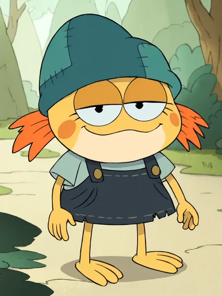 score_9, score_8_up, score_7_up,  score_6_up, BREAK, AmphiIvy, solo, smile, black eyes, orange hair, looking at viewer, yellow skin, blue shirt, overalls, blue headwear, barefoot  <lora:Ivy_Sundew:1>