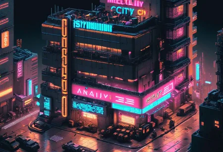 neon city, dystopian cyberpunk, isometric city, high quality, best quality, masterpiece,