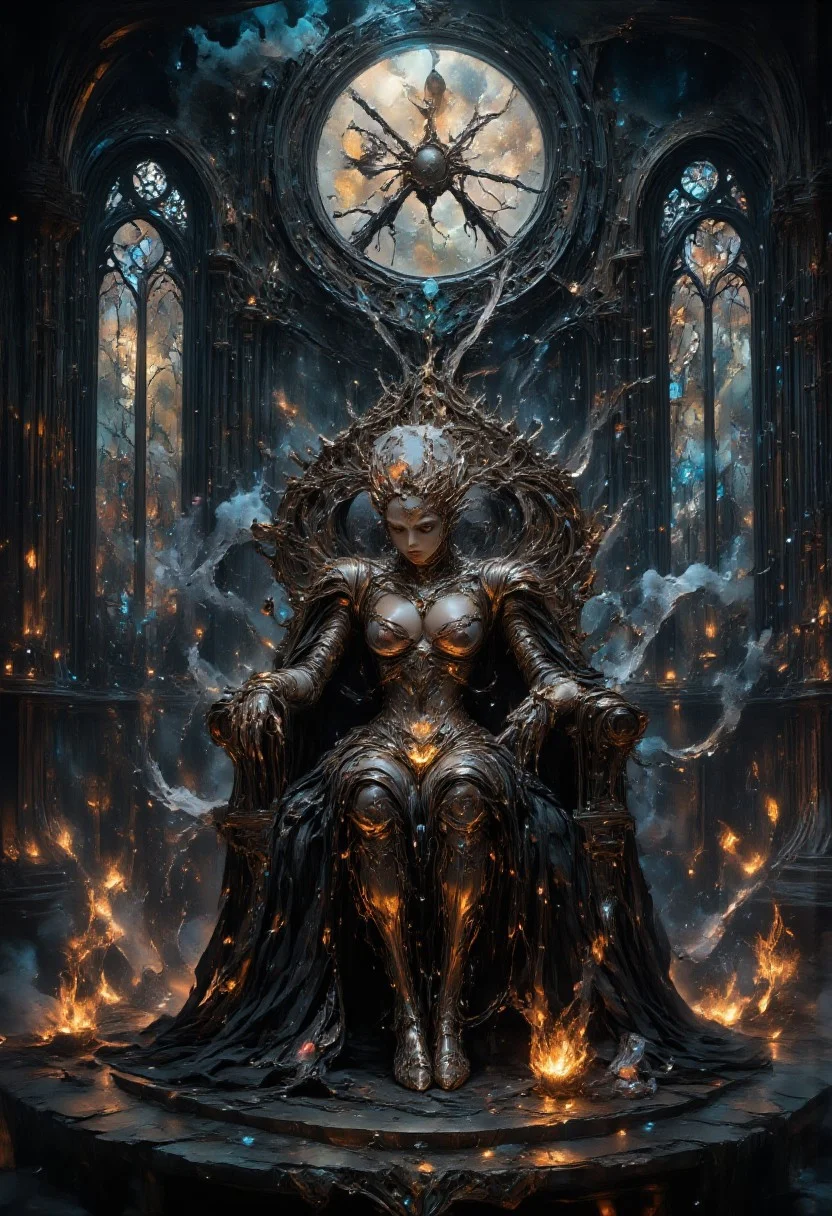 ethereal vampire queen, regal vampire with piercing eyes and porcelain skin, adorned in flowing black gown with intricate silver embroidery, seated on an ebony throne carved with arcane symbols, surrounded by ancient tomes and mystical artifacts, castle walls adorned with pulsating runes casting an eerie glow, moonlight filtering through ornate stained glass windows, creating a captivating interplay of light and shadow, crystalline chalice, ancient spell book, lurking familiar, dark romanticism style, swirling mist curling around the throne, glowing runes pulsating with ethereal energy, shimmering aura surrounding the vampire, floating candles casting dancing shadows, spectral wisps drifting through the air, glowing eyes peering from dark corners, ayami kojima style, the vampire is hauntingly beautiful with alabaster skin, piercing silver eyes, and flowing platinum hair cascading over her shoulders, asymmetrical composition with focal point off-center