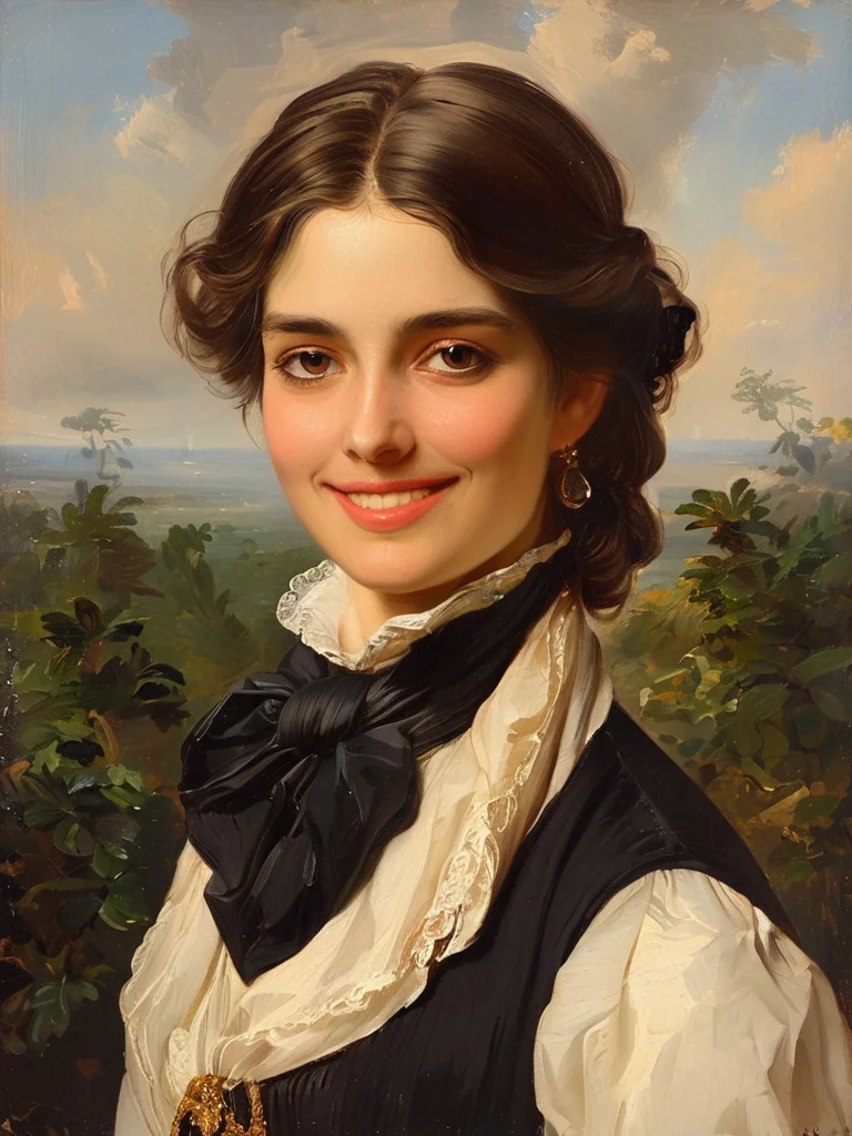 masterpiece,best quality,<lora:tbh121-sdxl:0.9>,portrait of people,smile,illustration,style of Franz Xaver Winterhalter,oil painting,