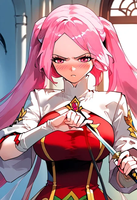 score_9,score_8_up,score_7_up,score_6_up,
source_anime, (best quality), (masterpiece), (extremely detailed), (finely detailed), (detailed face, perfect face, perfect eyes, beautiful detailed shading), (perfect hands), (full colors), blush,
BREAK,
cowboy shot, upper body,
1girl, solo, 纳兰嫣然, pink hair, twintails, long hair, pink eyes, large breasts, holding a sword, action pose