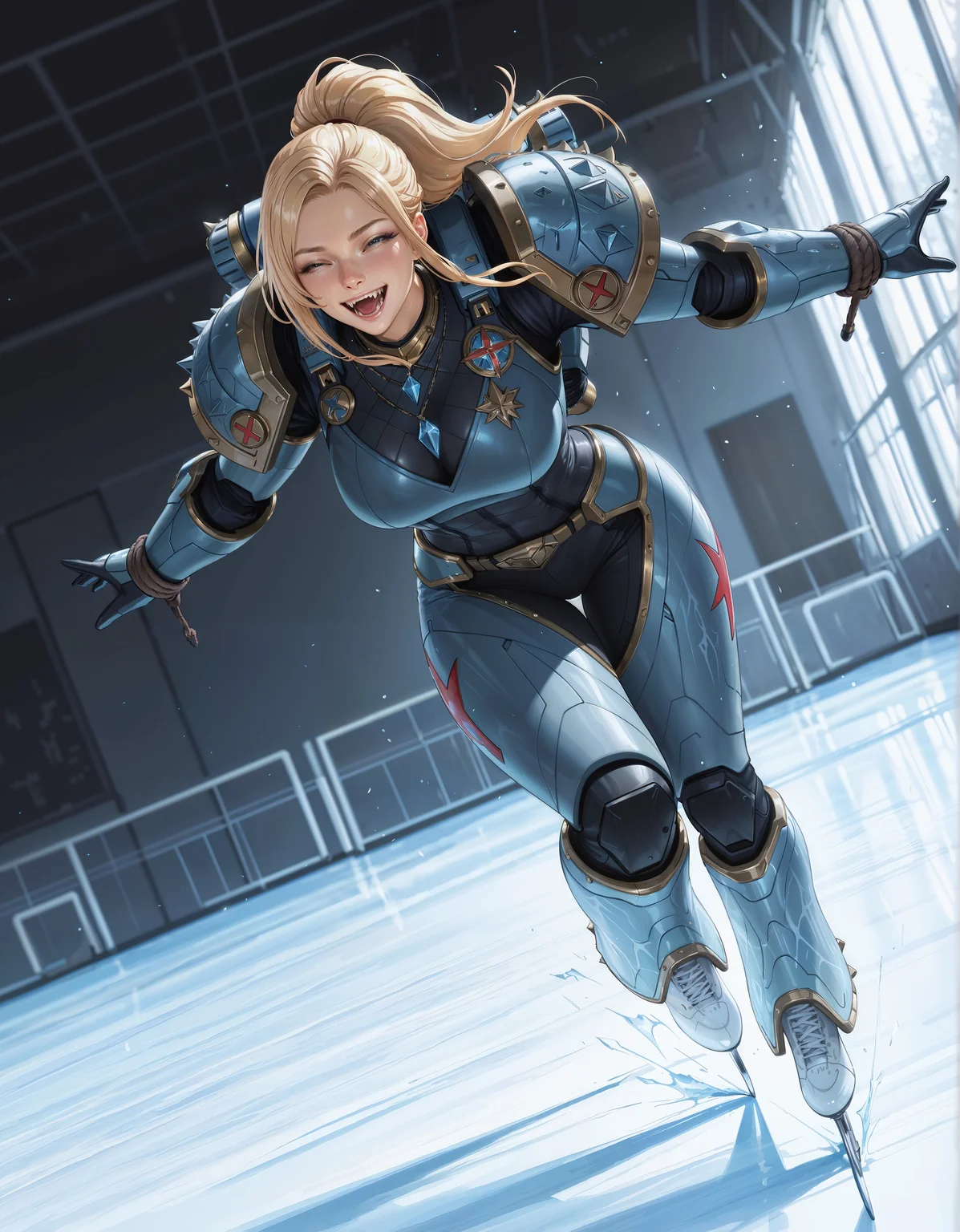masterpiece, best quality,high quality, newest, highres,8K,HDR,absurdres, dynamic angle, realistic, 1girl, iLLemanR40K, solo, tied up hair, bangs, power armor, fangs, necklace, happy, ice skating, <lora:iLLemanR40K:1>