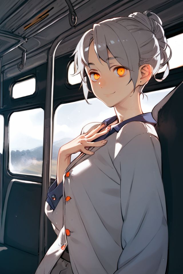 score_9, score_8_up, score_7_up, 1girl, squinting eyes smile, light_grey hair, straight-across_fringe, orange eyes, breasts, hand_on_own_chest, train interior, foggy atmosphere <lora:toi8_PonyXL_style_v01:1>