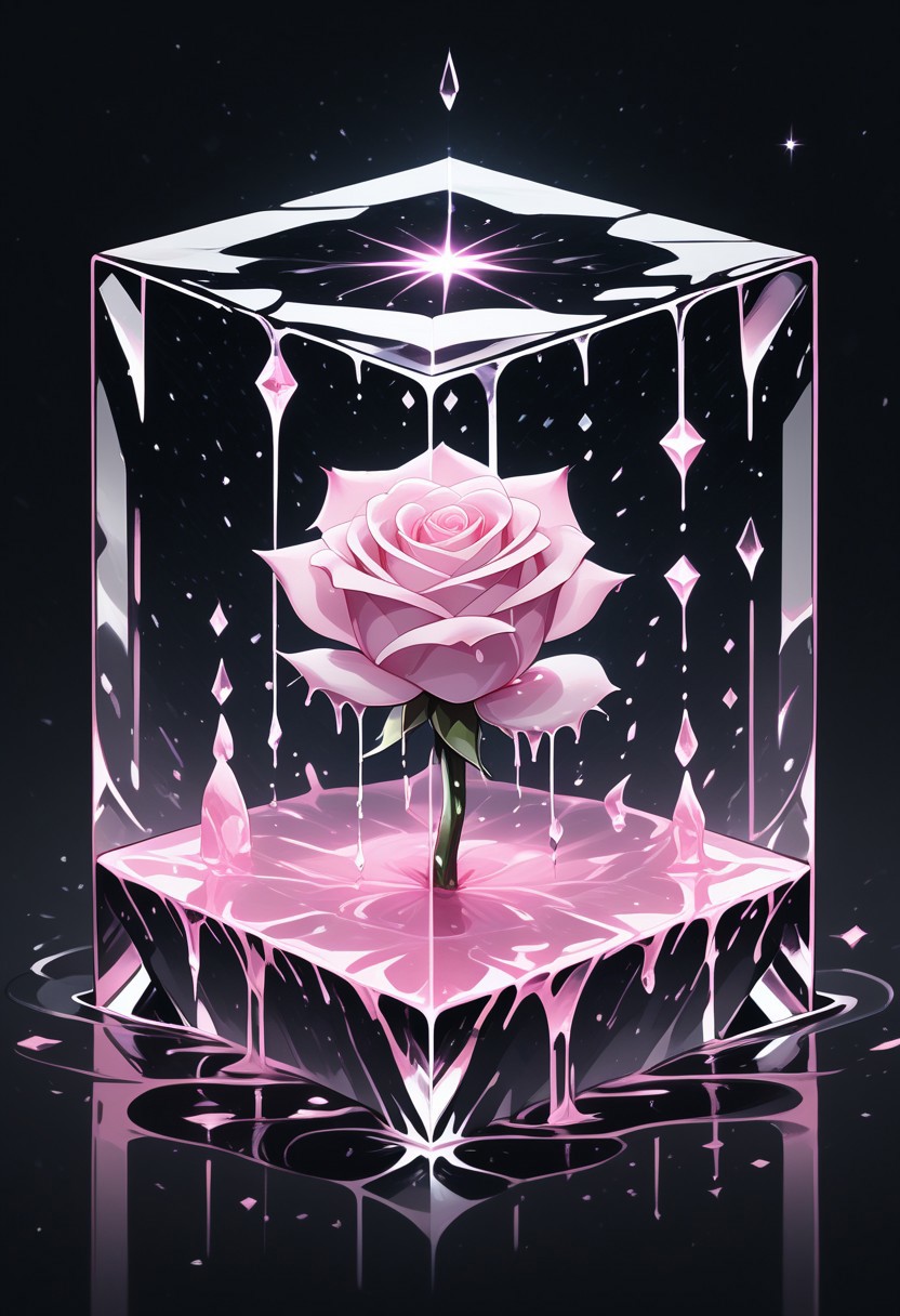 (masterpiece), best quality, Anime, Illustration, (Floating Cube, Crystal, Magic, Reflection, Melting, Dripping, Pink Rose), Black Background, No Humans, Starry Theme, (Light Refraction), White and Pink Theme, Natural Lighting, Verynsty