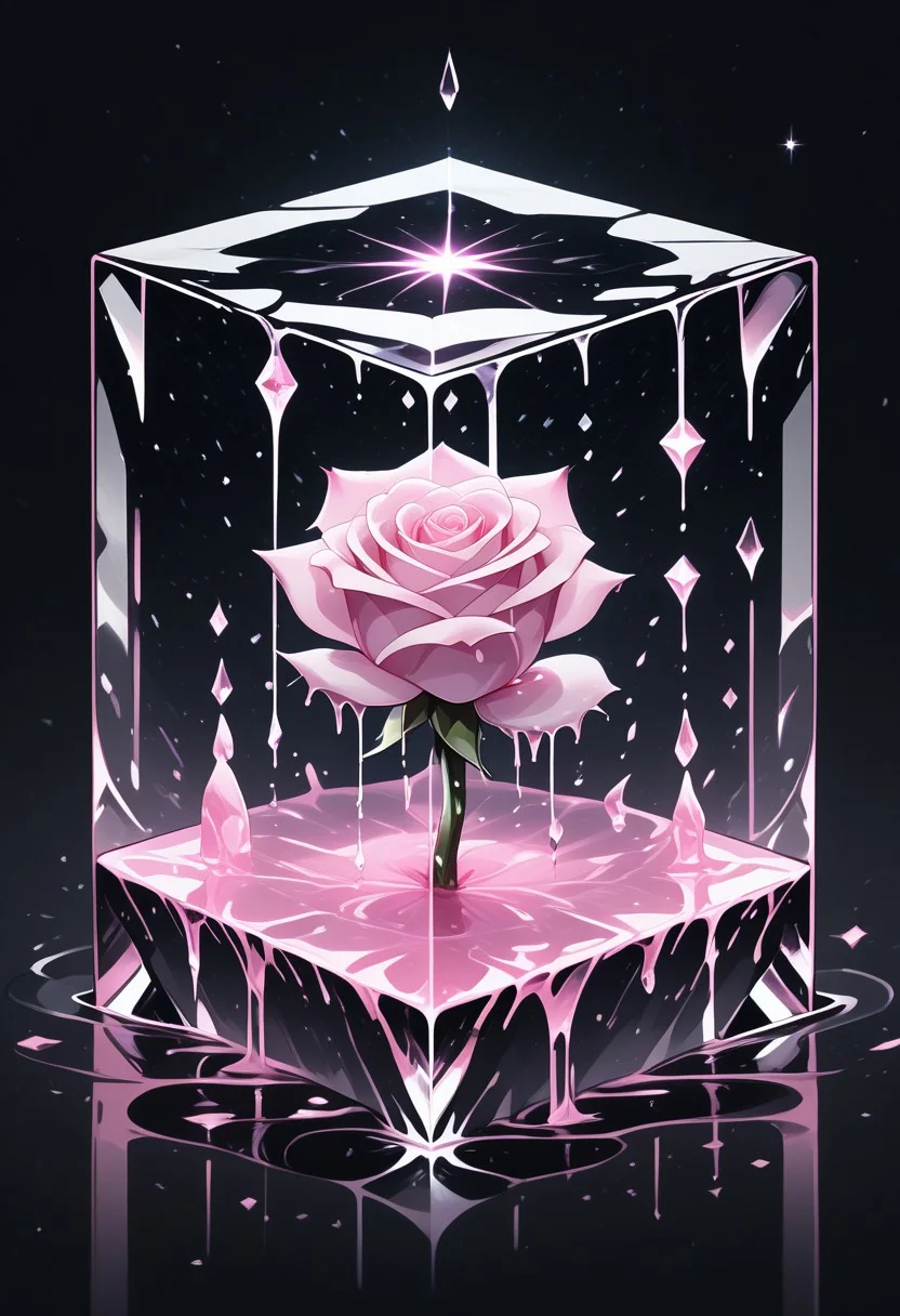 (masterpiece), best quality, Anime, Illustration, (Floating Cube, Crystal, Magic, Reflection, Melting, Dripping, Pink Rose), Black Background, No Humans, Starry Theme, (Light Refraction), White and Pink Theme, Natural Lighting, Verynsty