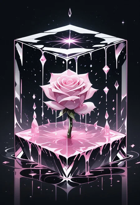 (masterpiece), best quality, Anime, Illustration, (Floating Cube, Crystal, Magic, Reflection, Melting, Dripping, Pink Rose), Black Background, No Humans, Starry Theme, (Light Refraction), White and Pink Theme, Natural Lighting, Verynsty
