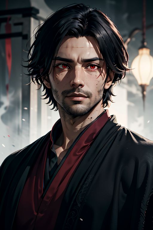 Master piece, highest quality, highest possible OverallDetail, semirealistic,  red eyes,
Create an elder of a demonic sect.
The character looks like he is in his late twenties or early thirties. He is handsome.
He has black shoulder-length shaggy hair. 
His outer robe is black and the inner robe is dark red. 
His eyes are dark red. Detailed face. Red robe.