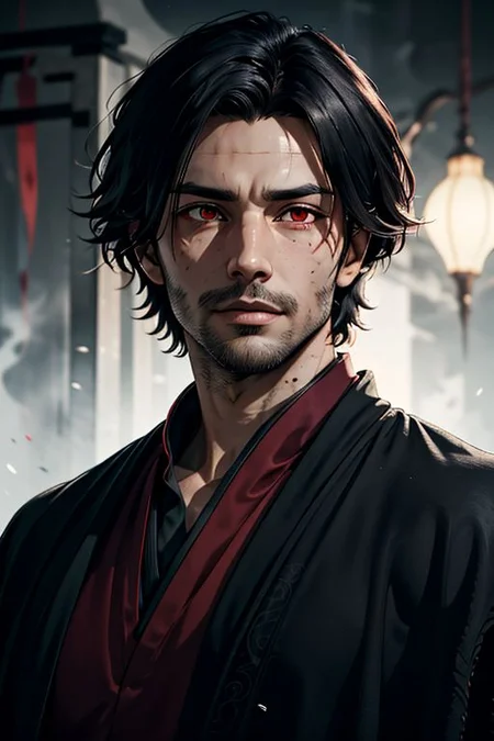 Master piece, highest quality, highest possible OverallDetail, semirealistic, red eyes,
Create an elder of a demonic sect.
The character looks like he is in his late twenties or early thirties. He is handsome.
He has black shoulder-length shaggy hair.
His outer robe is black and the inner robe is dark red.
His eyes are dark red. Detailed face. Red robe.