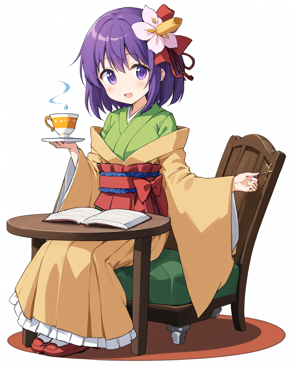 hieda no akyuu,1girl, solo, one_eye_closed, hair_flower, book, chair, sitting, open_mouth, smile, obi, kimono, skirt, white_background, teacup, shoes, wide_sleeves, simple_background, long_sleeves, ;d, full_body, table, holding_cup
<lora:hieda_no_akyuu_image926_2023-12-20:1>,star-shaped_pupils,symbol-shaped_pupils,. gorgeous,key visual, vibrant, studio anime,award-winning, professional, highly detailed,high budget, cinemascope