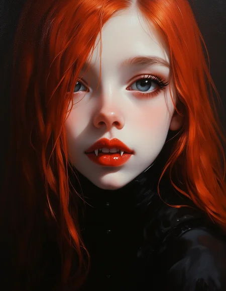 masterpiece, high quality, Oil Painting, Hyper-realistic, close-up of a serene teen girl's face with a dramatic, gothic aesthetic. She is peeking up at the camera. The camera captures her from a high angle, emphasizing her delicate innocence and serene demeanor. Her face is a pale, almost translucent white, with lips painted a vivid red. The lips are slightly parted, revealing sharp, gleaming white fangs. Her long red hair cascades around her face. Enchanted blue eyes. She is wearing a tight black dress, featuring a tightly corseted bodice. Her dress is simple yet regal, radiating understated beauty. brush strokes, warm light, magic, extremely coherent, cute, beautiful, cinematic, stunning, creative, positive, cheerful, unique, cool, inspiring, pure, rational, very inspirational, friendly, thought, glowing, magical, perfect, intricate, wonderful, lovely, del1cate_balance style, in the style of Rembrandt. vantablack <lora:style_of_Rembrandt_FLUX_135:.8> <lora:- Flux1 - vanta_black_V2.0:.8> <lora:Delicate_Balance:.3> <lora:neeeg_f1:-1> <lora:FluxF4ngs:.8>