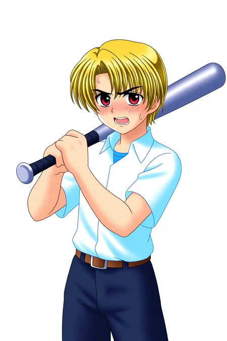 higurashiog, solo, looking at viewer, blush, open mouth, short hair, simple background, shirt, blonde hair, white background, 1boy, red eyes, white shirt, male focus, short sleeves, teeth, collared shirt, pants, belt, sweatdrop, transparent background, holding baseball bat, skyblue t-shirts, houjou satoshi, 
(masterpiece, best quality, absurdres, highres), very awa, 