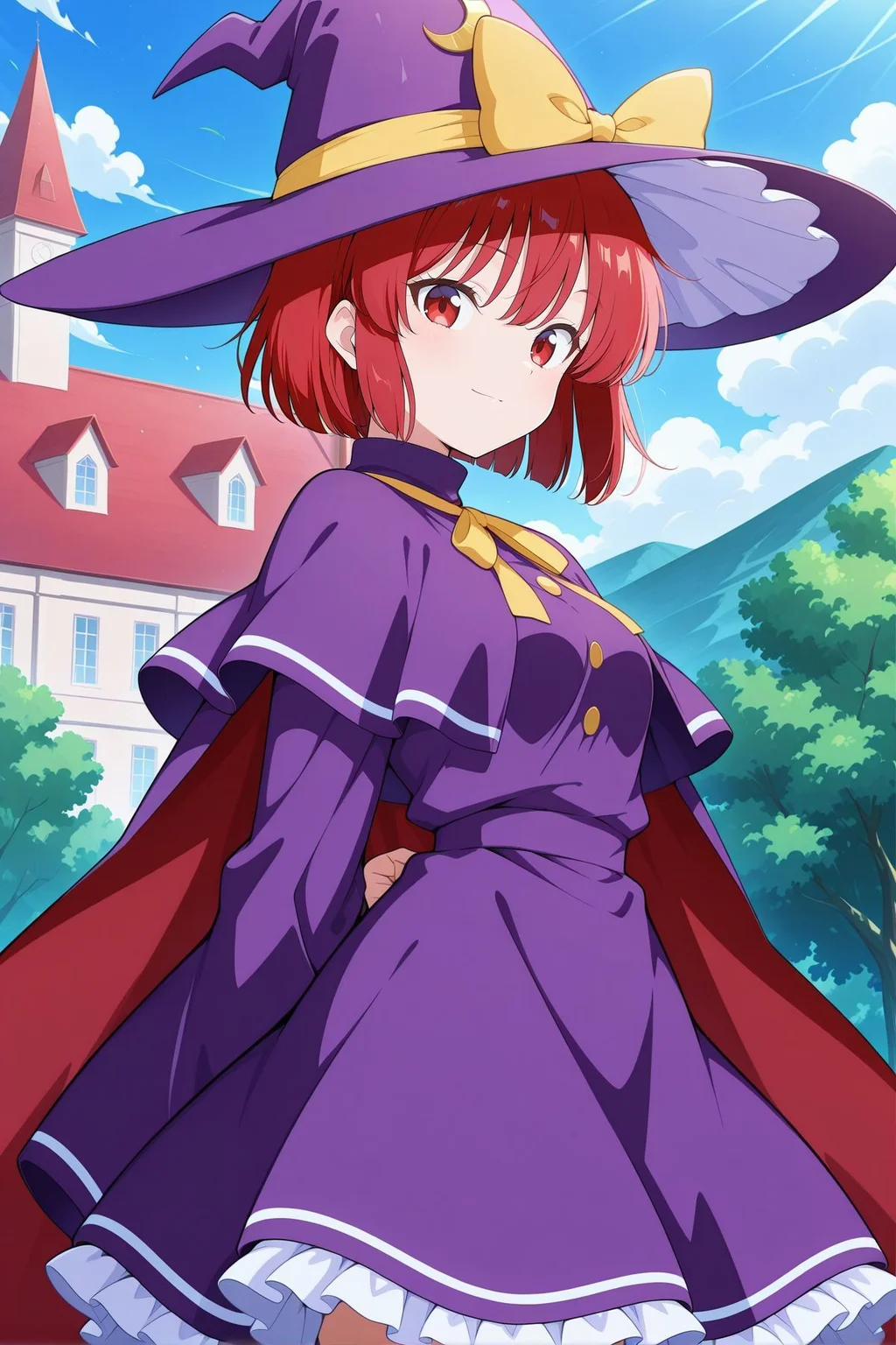 absurdres, highres, masterpiece, best quality, amazing quality, official anime artwork, screencap, anime screencap, outdoors, looking at viewer, light smile, from the side, dynamic pose,
<lora:Marisa-Kirisame-PC98_Illustrious:1> Marisa98, 1girl, solo, red eyes, red hair hair, short hair, small breasts,, witch hat, purple hat, hat bow, yellow bow, hat ornament, crescent hat ornament, puple cape, purple turtleneck, purple dress, capelet, frilled skirt, long sleeves, wide sleeves, yellow neck ribbon,
day, scarlet devil mansion,