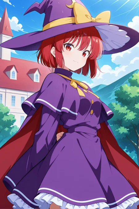 absurdres, highres, masterpiece, best quality, amazing quality, official anime artwork, screencap, anime screencap, outdoors, looking at viewer, light smile, from the side, dynamic pose,
<lora:Marisa-Kirisame-PC98_Illustrious:1> Marisa98, 1girl, solo, red eyes, red hair hair, short hair, small breasts,, witch hat, purple hat, hat bow, yellow bow, hat ornament, crescent hat ornament, puple cape, purple turtleneck, purple dress, capelet, frilled skirt, long sleeves, wide sleeves, yellow neck ribbon,
day, scarlet devil mansion,