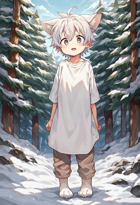 (No_furry:1.5), uncensored, Rating_safe, score_9, score_8_up, score_7_up, detailed, perfect eyes, detailed background, source_anime, source_furry, (short white hair:1.5), (hair styled to the back), happy, happy eyes
(kagarimachi_konatsu), (1foxadult), (male), (white skin:1.5), (masculin face), (alone), grey eyes, (long snowfox), (white fox ears), (thighhigh_fur), (white paws:1.5), cute, cute shoulders, (flat_chest:1.5), muscular, masculin, (linen shirt:1.5), (cargopants:1.5), (mountain forest:1.5), (standing:1.2), (snow:1.6)