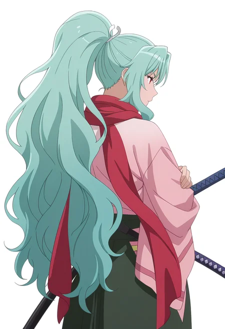 Smooth Quality,masterpiece, ultra realistic,
simple background, white background,
from behind,. .,hand on own arm,
<lora:Tomoecnn:0.8> sofia/cnn, 1girl, long hair, scarf, ponytail, red eyes, japanese clothes, katana, green hair, very long hair,