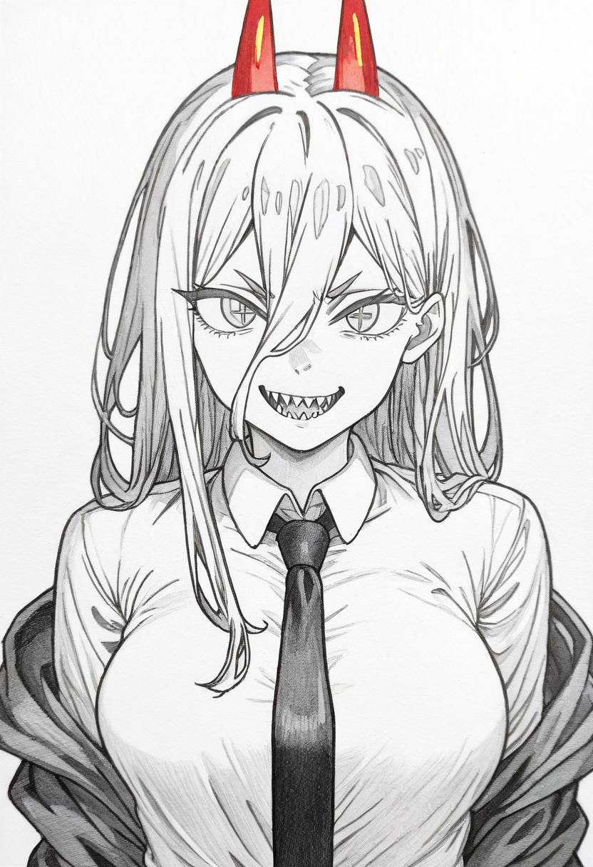 best quality, amazing quality, very aesthetic, absurdres,
monochrome, traditional media, spot color, greyscale,
BREAK
1girl, power \(chainsaw man\), red horns, cross-shaped pupils, long hair, sharp teeth, hair between eyes, symbol-shaped pupils,
collared shirt, black necktie, long sleeves,
looking at viewer, white shirt, open mouth,
simple background, white background, smile, upper body, <lora:CellldrawzzNoob_byKonan:1>