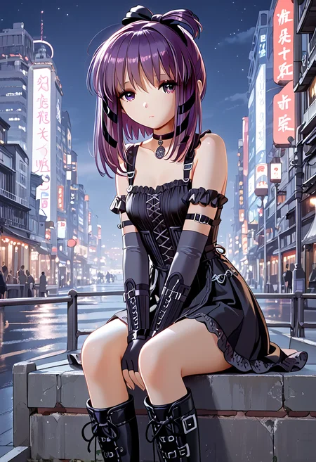 score_9,score_8_up,score_7_up,source_anime, high quality detailed, very aesthetic, 8K, 16K, high quality, best quality, detailed eyes, hand, beautiful hands, prefect hands, perfect anatomy, skin highlights, (1girl, looking away from viewer), Miho, sidelocks, purple hair, hair ribbons <lora:Miho_Tohya__Megatokyo:1>miho, choker, elbow gloves, fingerless gloves, gloves, greyscale, goth boots, sad expression, distant expression, sitting on light post, city, night, Japanese city