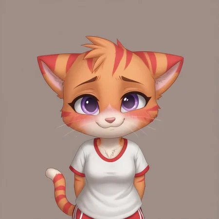SuperKitties, Anthropomorphic body, Ginny, mammal, furry, orange tabby munchkin, \(artwork\), high quality/resolution, 4K, 2023, solid color background, solo focus, shaded, portrait, fur, female, biped, short stack, purple eyes, red stripes( in between 2 zig zag stripes), cat tail, ears down, chestnut (color) orange thin eyebrows, eyes opened, blushing red face, light pink solid color shirt, oversized shirt, magenta dolphin shorts, looking at the viewer, one eyelash, POV, incoming hug, smiling, sad, mouth slightly open, no hair only fur, shading, oval-shaped head, white whiskers, white vanilla colored hands and feet (paws) close up, head slanted sideways