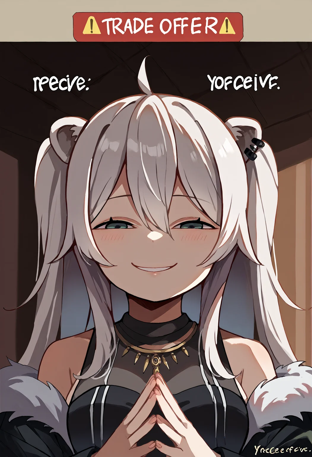 score_9, score_8_up, source_anime, 1girl, tradeoffermeme, own hands together, upper body, <lora:TradeOfferMeme_XLPD:1>, <lora:ShishiroBotanPDXL:1>, BotanBase, long hair, two side up, ear piercing, lion tail, necklace, black shirt, sleeveless shirt, fur-trimmed jacket, black jacket, off shoulder, <lora:AnyasHehFaceMeme_XLPD:1>, incrsanyashehfacememe