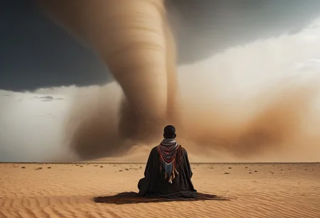 desert, day, sand storm, sand tornado,
 graphic style of novel comics,dark novel, 2d, 8k, hyperrealism, masterpiece, high resolution, best quality, ultra-detailed, super realistic, Hyperrealistic art, high-quality, ultra high res, highest detailed, lot of details, Extremely high-resolution details, incredibly lifelike, colourful, soft cinematic light,
giant tornado vortex,
back view, 
rear view of a shaman sitting on the sand, black skin, African,