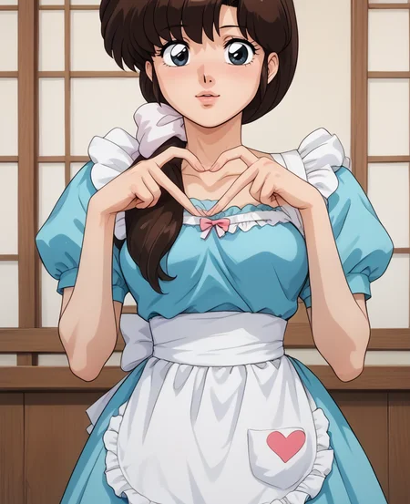 score_9, score_8_up, score_7_up, score_6_up, score_5_up, score_4_up, rating_explicit,
 <lora:K4sum1PNYXl_v00:1> tendou_kasumi, white apron, blue dress, <lora:Heart_Fingers__Concept_Lora:1> heart fingers, heart hands,