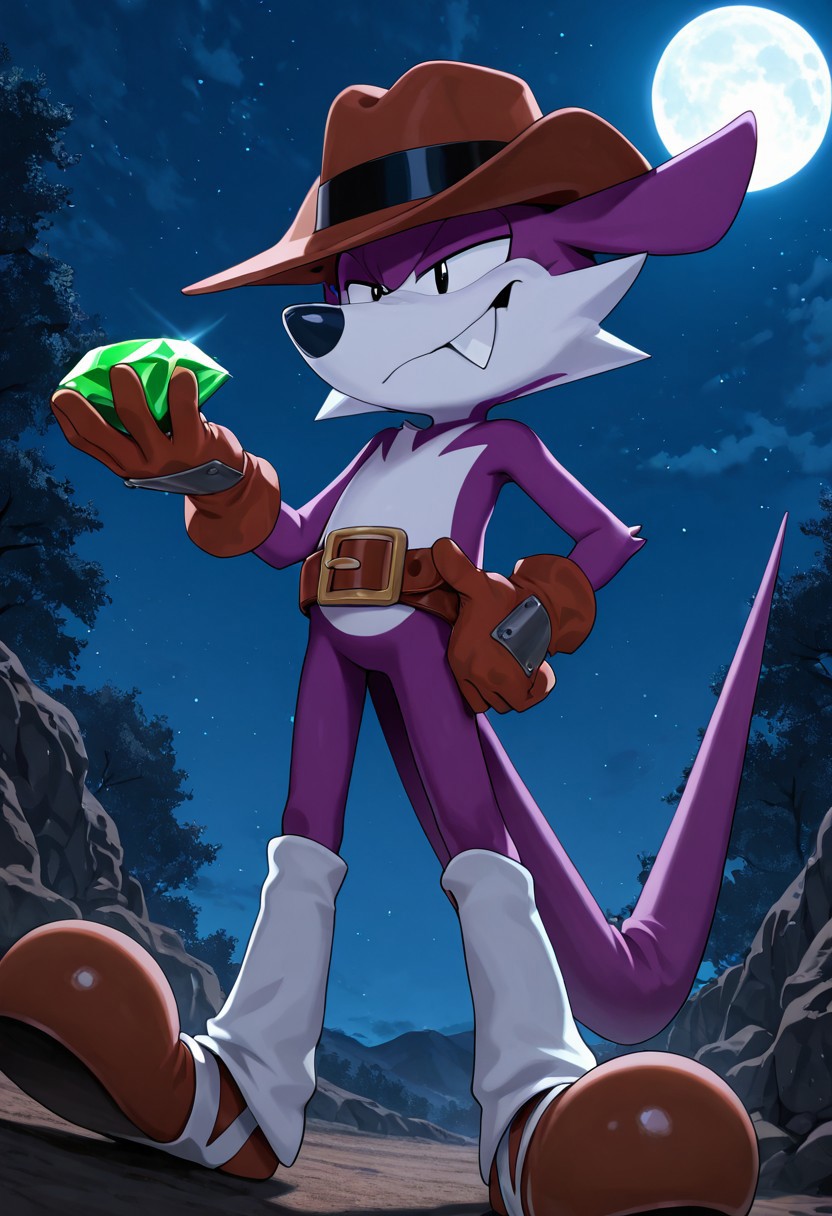 masterpiece, best quality, amazing quality, high detail, absurdres, solo, male, Fang the sniper, stetson hat, belt, gaiters, boots, Outback, Savana, gemstone, holding emerald, night, moon, Tarou_Band!t, looking at virewer, cocky