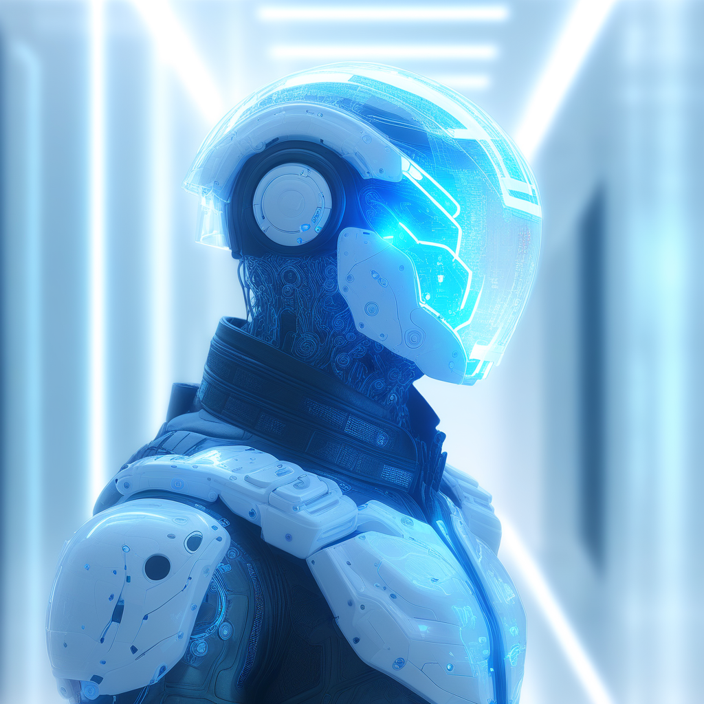 Futuristic digital artwork featuring a humanoid figure with a transparent, illuminated helmet displaying various holographic interfaces and data readouts. The helmet is sleek and glossy, with neon blue and white lights highlighting the intricate circuitry and digital displays. The figure is dressed in a high-tech, armored suit with visible straps and buckles, suggesting a sci-fi or cyberpunk theme. The background is blurred, with hints of a high-tech environment, including glowing panels and screens, enhancing the futuristic atmosphere.