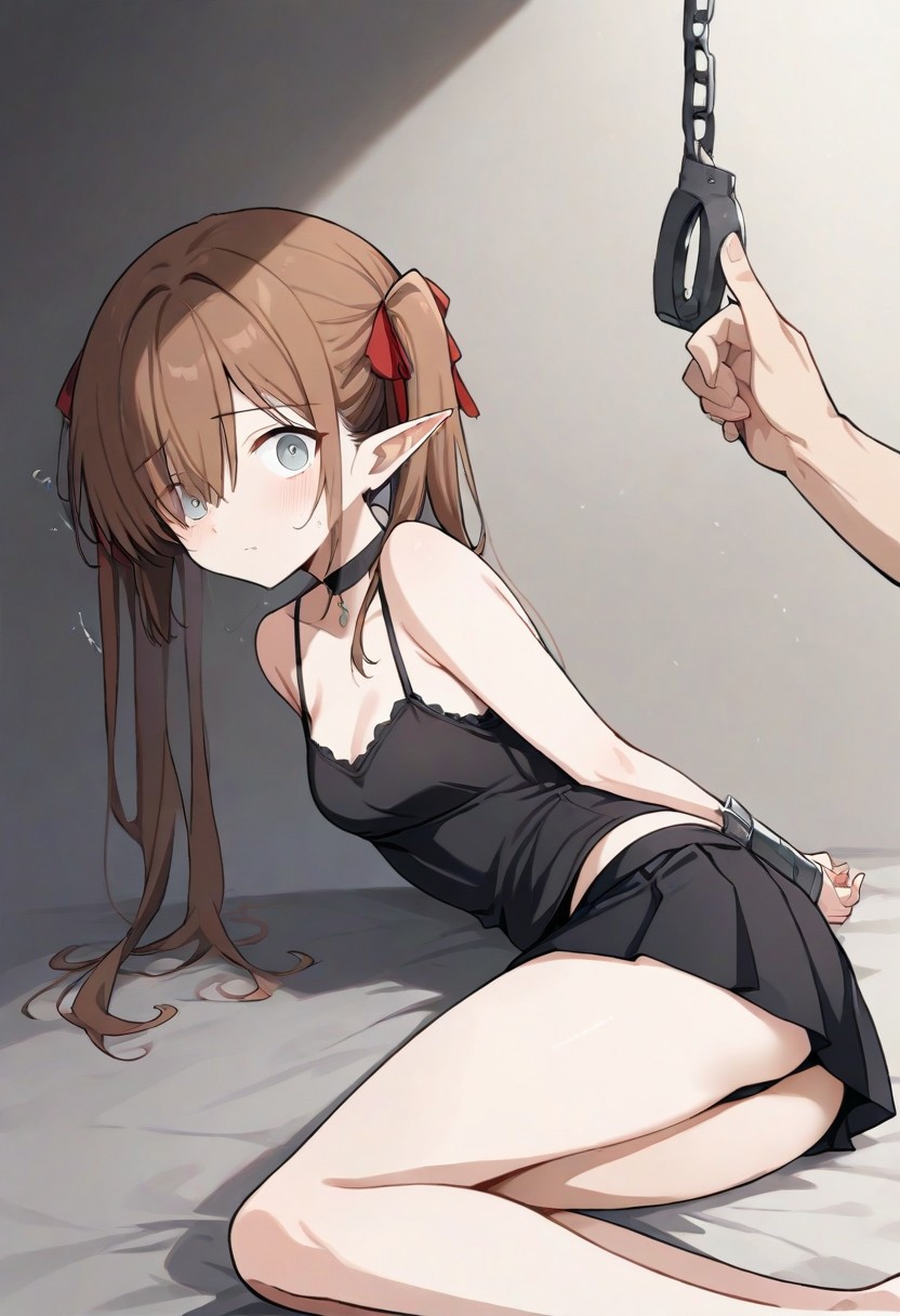 score_9, k'ra, grey eyes, brown hair, twintails, red ribbons, black camisole, short black skirt, imminent_bondage, source_anime, ntm,