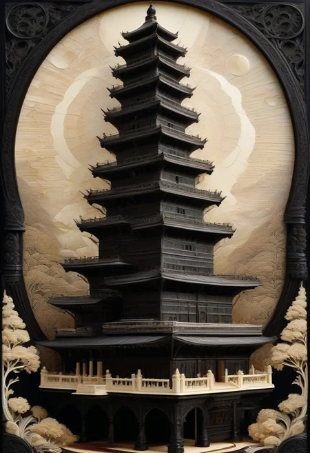 (masterpiece, detailed:1.2), best quality, intricate tower, made out of, ebony, ivory, scrimshaw, bone carving