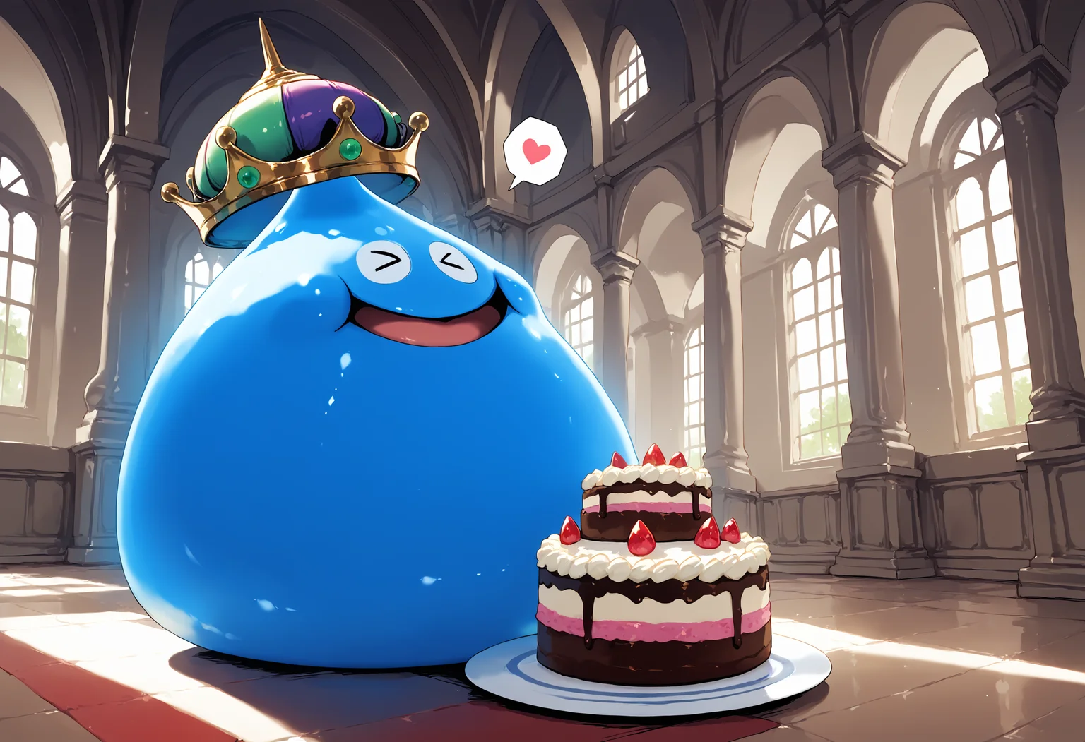 zPDXL3,masterpiece,extreme detailed,<lora:Pony_DetailV2.0:1>,full_body,indoors BREAK 2others,no humans,king slime,slime (dragon quest),crown,:D,open mouth,<lora:king slime-v4-pony:0.9>,looking to the side,spoken heart,closed eyes,happy,
zPDXL3,masterpiece,extreme detailed,<lora:Pony_DetailV2.0:1>,full_body,indoors BREAK huge cake,plate,