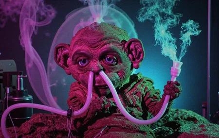 psychedelic style Nukie the knockoff alien is out of control on drugs with chemical-filled bong hoses shoved into his nostrils and bong hoses shoved into his ear canals, radioactive fumes gushing out of the back of his head. . vibrant colors, swirling patterns, abstract forms, surreal, trippy