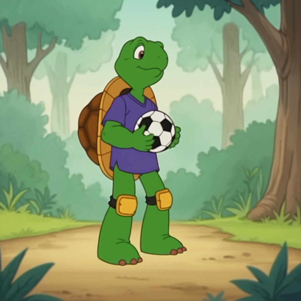 score_9, score_8_up, score_7_up, score_6_up, score_5_up, score_4_up, source_furry, frnklnturtle, semi-anthro, male, turtle, green skin, purple shirt, yellow stripe, yellow knee pads outside, standing, in a forest, holding soccer ball