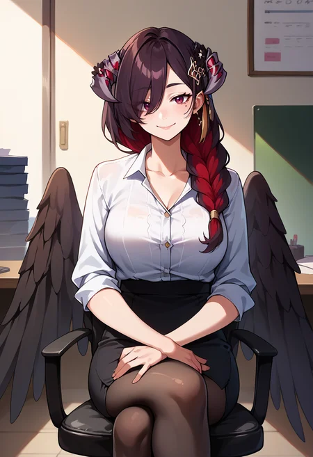 score_9, score_8_up, source_anime, 1girl, solo, Mamarissa, horns, hair ornament, hair flower, long hair, hair over one eye, single braid, multicolored hair, mole under eye, black wings, low wings, indoors, office lady, office chair, sitting, crossed legs, miniskirt, black pantyhose, dress shirt, smile, <lora:ChamMamarissaPonyXL:1>