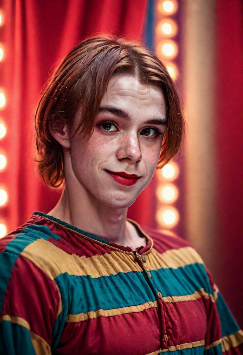 Portrait Photo a portrait, natural and hyperdetailed photography, young peniwise man of film IT, 
in pist in circus, realistic colorid hair, makeup sad peniwise,  looking straight to camera, sweaty, very accurate photo, suspiria, very detailed clown Clothes, smiling , (laughing:1.2) (precise image:1.4) , pale skin,(many details in background)(cinematic ambient:1.4)