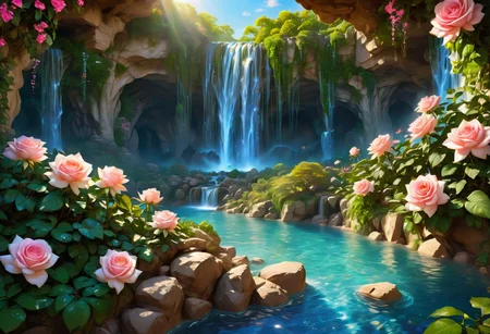 (award winning photo)of  a cave surrounded by gemstones in the distance you can see a water basin with a waterfall blue roses grow by the basin the light from the gemstones with which the wall is decorated falls on the water and casts shadows on the rose petals the atmosphere of the picture is magical and warm,(masterpiece, best quality),(sharp focus:1.2),(photorealistic),(intricate details),unity 8k wallpaper,ultra detailed,glow particle, ultra detailed face,ultra detailed eyes