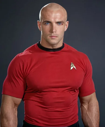 1boy, 20 year old male, Handsome, masculine, blonde, star trek, red shirt, muscle, tall, tight shirt, wide pectorals, big shoulders, wide shoulders, muscular neck, German, bald, big pale blue eyes, abs, biceps,
stunf, star trek uniform,