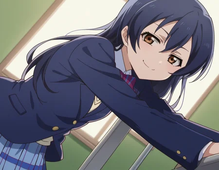 score_9, score_8_up, score_7_up, source_anime, <lora:umi-sonoda-s1-ponyxl-lora-nochekaiser:1>, umi sonoda, long hair, bangs, hair between eyes, brown eyes, blue hair,, skirt, school uniform, jacket, blazer, winter uniform, otonokizaka school uniform,, indoors, bent over, smile, smug, looking at viewer, solo,, cowboy shot, dutch angle