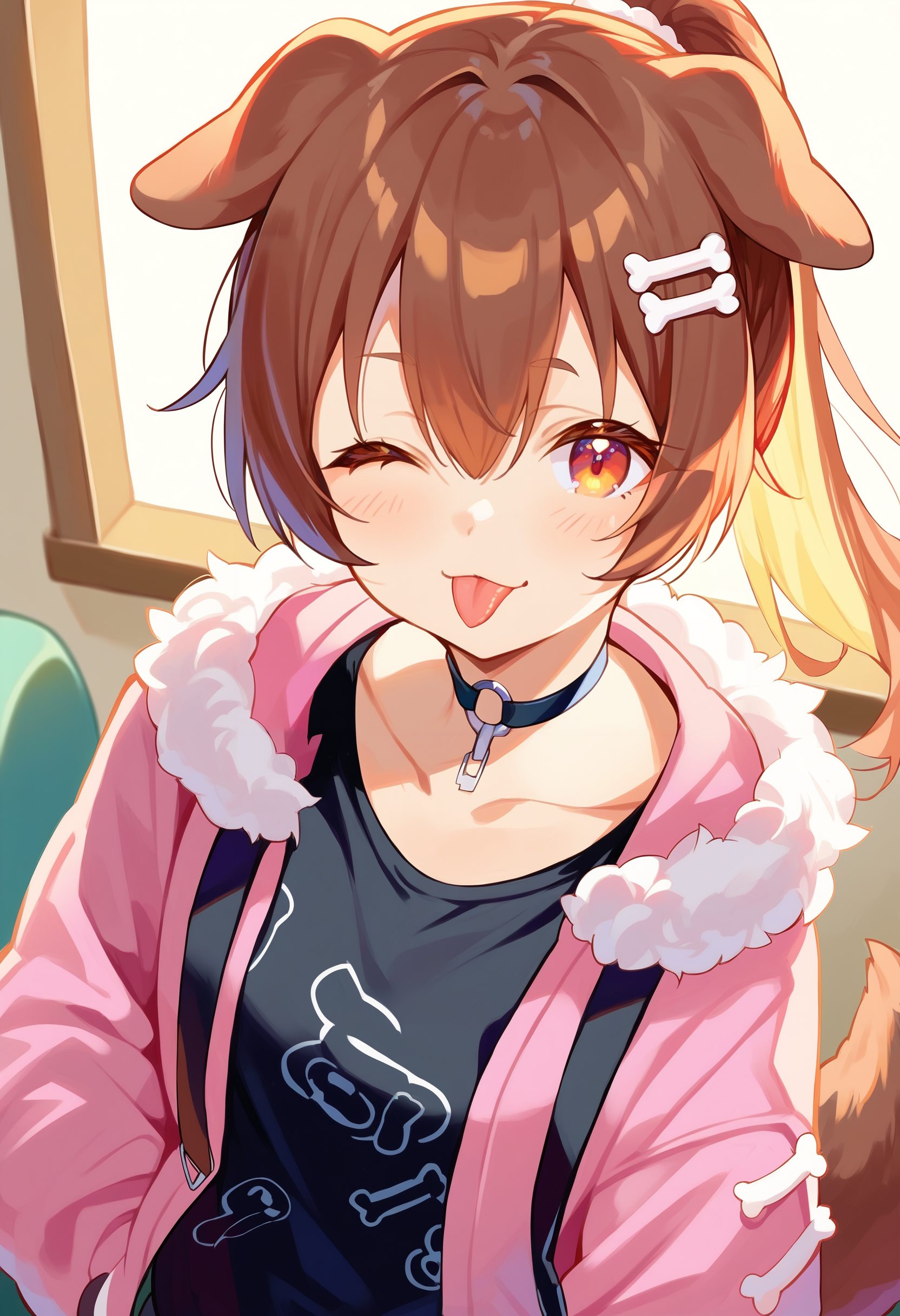 score_9, score_8_up, score_7_up, score_6_up, source anime,
1girl, bone hair ornament, solo, dog girl, dog ears, dog tail, hair between eyes,
inugami korone casual, official alternate costume, pink jacket, black shirt, o-ring choker, long sleeves, fur trim, ponytail,
collarbone, open clothes,
one eye closed, tongue out,
upper body, looking at viewer, 
indoors, from above, close-up,
<lora:inugami_korone_v21:1>