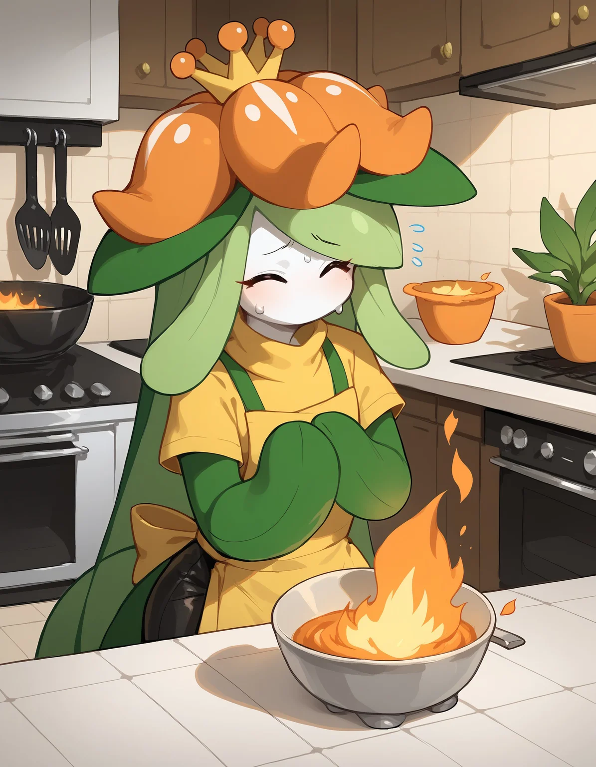 score_9, score_8_up, score_7_up, Lilligant, leaf arms, orange flower, pokemon \(creature\), (solo), 1girl, anthro, femboy, girly, plant girl, kitchen, sweatdrop, cooking, (oven on fire, flames), apron, cooking mittens, yellow sweater, black pants, crown, closed arms, stressed out, , <lora:cefaa866-a58e-40ba-a219-79ab392f7d60:1.0>, <lora:5431ea18-bcd1-41e6-ba84-bd47858798fe:0.9>