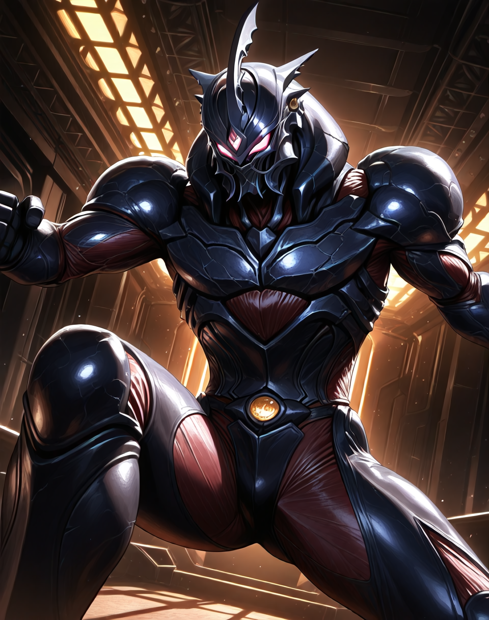 perfect depth of field shot, masterpiece, beautiful, sharp focus, crisp details,
<lora:Dark_Hero_(Guyver)_(Illustrious)_(AD):1> Dark_Hero, Guyver, bioboosted armor, 
((exterior, science fiction, high science fiction, action anime style background, dark spaceship interior, photographic realism, 8K CGI render, 
dynamic action, dynamic perspective, dutch angle, bent knee, cowboy shot,
male focus, gradient style anime coloring, strong, fighting scene, solo, ):1.5), 
EZRealPONYXL, zPDXL, Smooth Quality, lazynsfw,