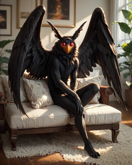 score_9, score_8_up, score_7_up, intricate details, rating_questionable,
<lora:homri52:1>
,
<lora:Mothman:0.8>, 1boy(Mothman, red eyes, black fur, wings, mouthless, looking at the viewer, solo, happy, 
full body, typical clothing, sitting on sofa) comfy living room,
highres,
detailed background, depth of field, 
<lora:ral-chrosc-clr:0.5>, ral-chrosc-clr,
<lora:Expressive_H:0.5>, Expressiveh,
<lora:xl_more_art-full_v1:0.3>,
<lora:add-detail-xl:0.3>,