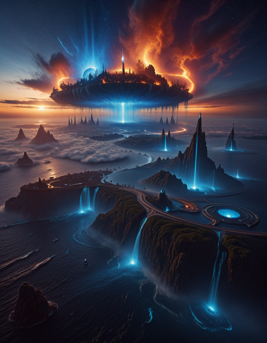 <lora:Space_Worlds_Minis_4:1.0> swminis4all, swminis4, n1, n3, n0, beautiful giant blue glowing waves, lots of wind, fire storm, island, waterfalls