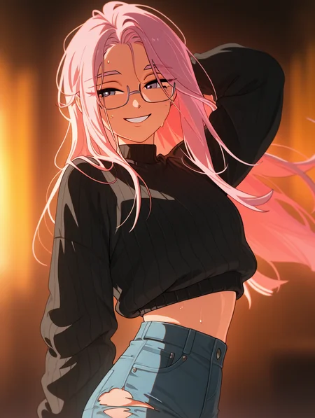 wiegevivinos, miziwiege, adult, 1girl, solo, sweat, topaz eyes, sweat, blurry background, warm light, smiling, pink hair, long hair, hair againts the wind, thin glasses, golden hue, black sweater, ripped jeans, pose